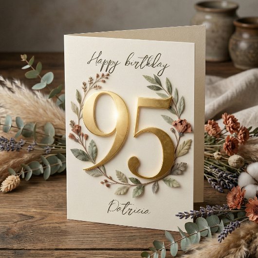 Elegant Gold Number Botanical Wreath 95th Birthday カード