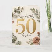 Elegant Gold Numbers Botanical 50th Birthday Card カード (正面)