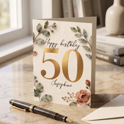 Elegant Gold Numbers Botanical 50th Birthday Card カード