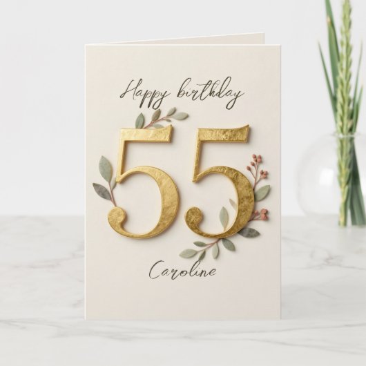 Elegant Gold Numbers Botanical 55th Birthday カード (正面)