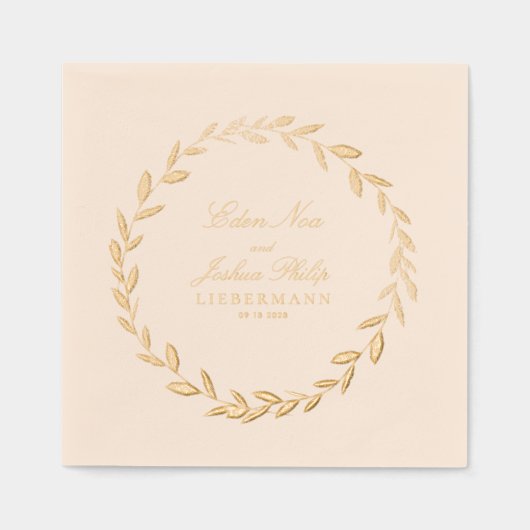 Elegant Gold Olive Branch Wreath Wedding Cocktail 箔ナプキン (正面)