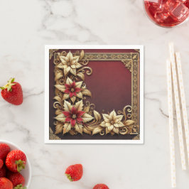 Elegant Gold on Red Poinsettia Frame Decoupage スタンダードカクテルナプキン