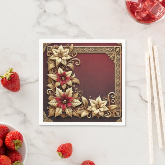 Elegant Gold on Red Poinsettia Frame Decoupage スタンダードカクテルナプキン (インサイチュ)