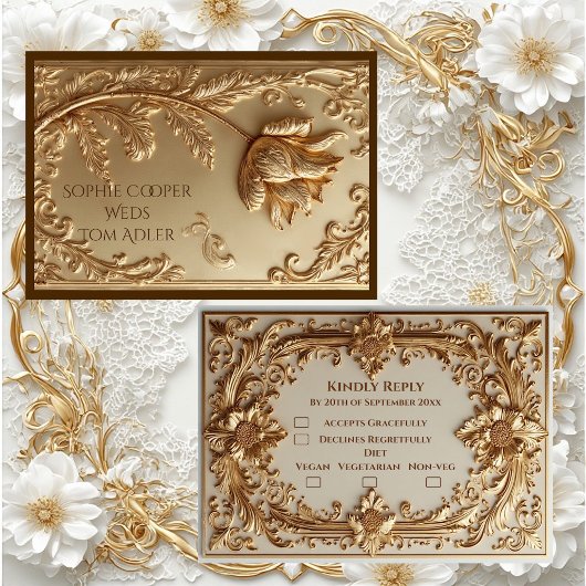 Elegant Gold Ornate Baroque Grandeur Floral Motifs 出欠カード