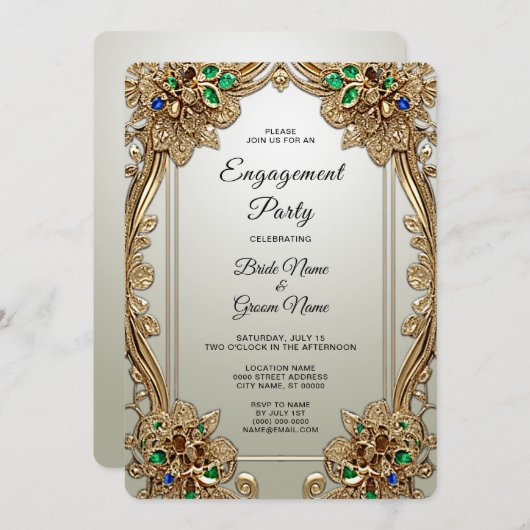 Elegant Gold Ornate Engagement Invitation 招待状 (正面/裏面)