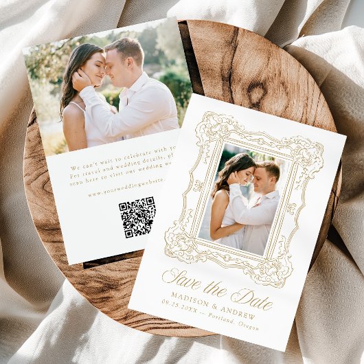 Elegant Gold Ornate Frame 2 Photo QR Code Wedding セーブザデート