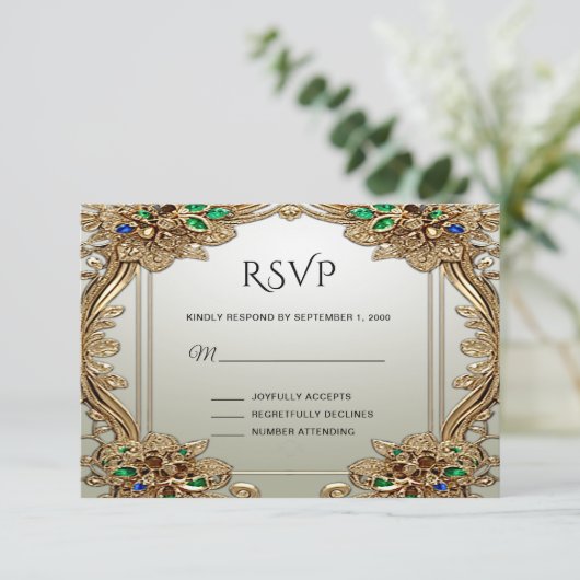 Elegant Gold Ornate RSVP Card (スタンド正面)