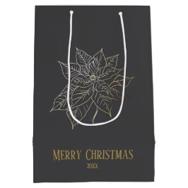 Elegant Gold Outline Poinsettia on Dark Background ミディアムペーパーバッグ