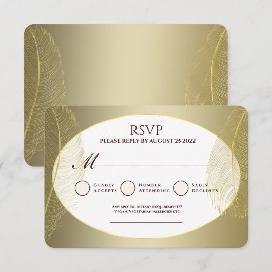 Elegant Gold Oval Feather RSVP Card (正面/裏面)