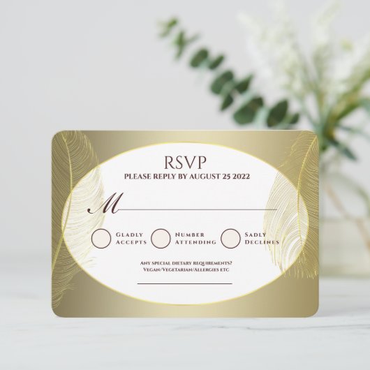 Elegant Gold Oval Feather RSVP Card (スタンド正面)