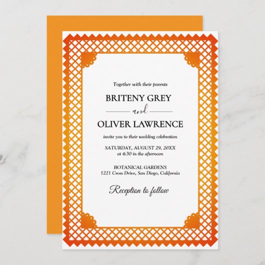 Elegant Gold Papel Picado weeding 招待状 (正面/裏面)