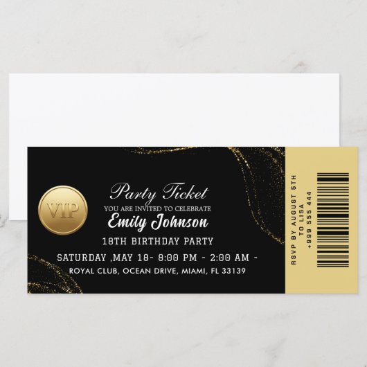 Elegant Gold Party Ticket Invitation (正面/裏面)