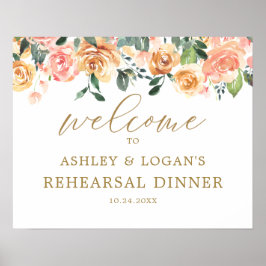 Elegant Gold Peach Floral Rehearsal Dinner Welcome ポスター