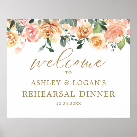 Elegant Gold Peach Floral Rehearsal Dinner Welcome ポスター (正面)
