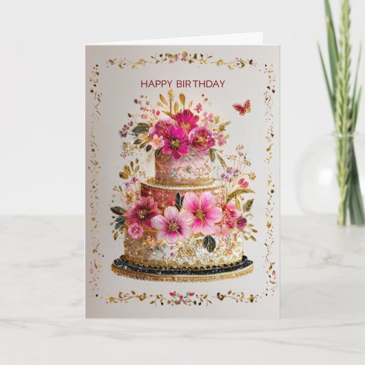 Elegant Gold & Pink Birthday Cake Card カード (正面)