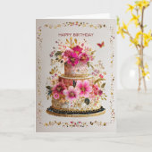 Elegant Gold & Pink Birthday Cake Card カード (黄色い花)