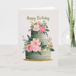 Elegant Gold, Pink & Green Floral Birthday Cake カード