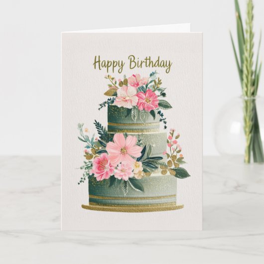 Elegant Gold, Pink & Green Floral Birthday Cake カード (正面)