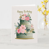 Elegant Gold, Pink & Green Floral Birthday Cake カード (黄色い花)