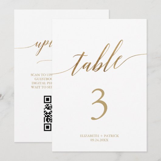 Elegant Gold Printable Table Number Photo QR Code 招待状 (正面/裏面)