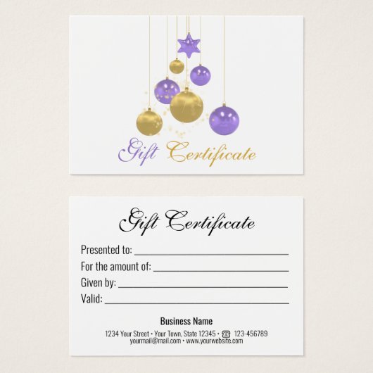 Elegant Gold Purple Christmas Ornament Gift Card (正面&裏面)