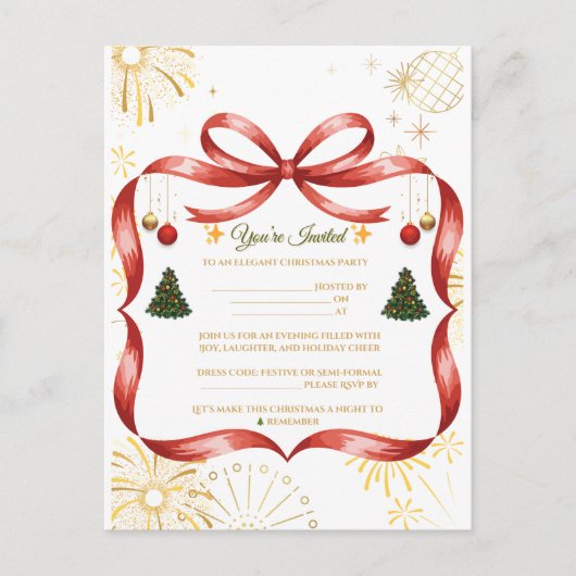 Elegant Gold & Red Christmas Party Invitation ポストカード (正面)