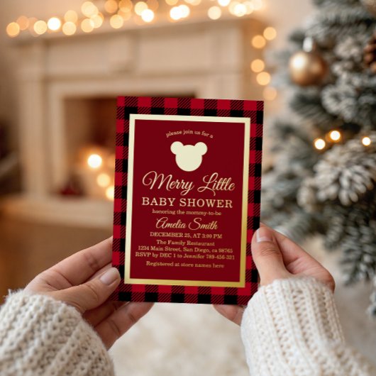 Elegant Gold Red Plaid Merry Little Baby Shower 箔招待状