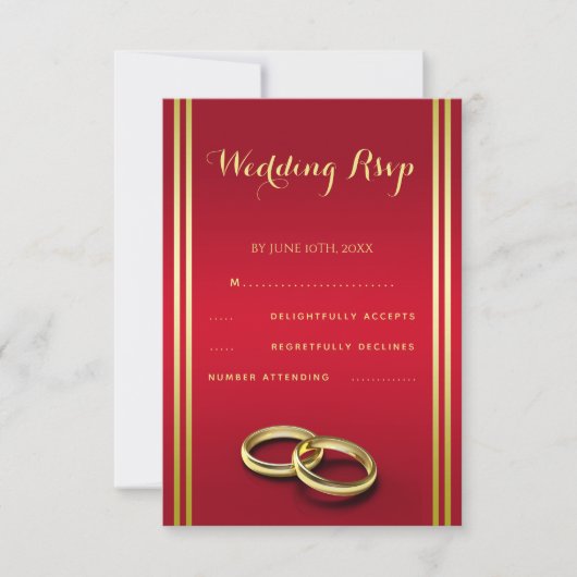 Elegant Gold & Red, Wedding Rings Wedding 出欠カード (正面)