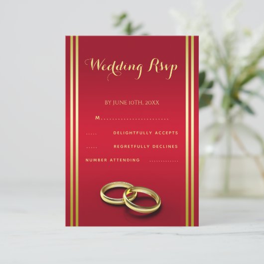 Elegant Gold & Red, Wedding Rings Wedding 出欠カード (スタンド正面)