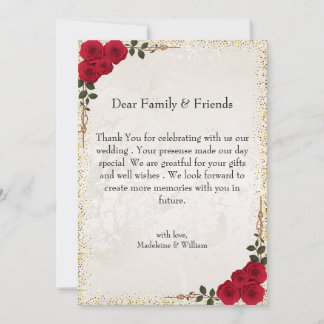 Elegant Gold Romantic Red Roses  Wedding サンキューカード
