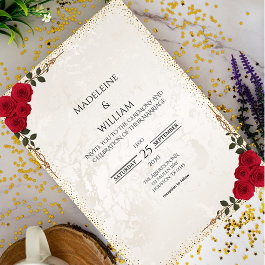Elegant Gold Romantic Red Roses  Wedding 招待状