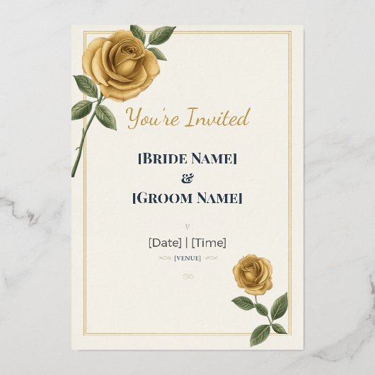 Elegant Gold Rose Wedding Invitation | Modern Bota 箔招待状 (正面)