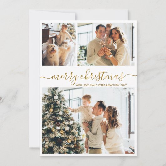 Elegant Gold Script 3 Photo Collage Christmas シーズンカード (正面)