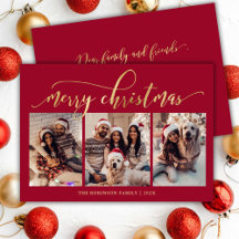 Elegant Gold Script 3 Photo Collage Red Christmas