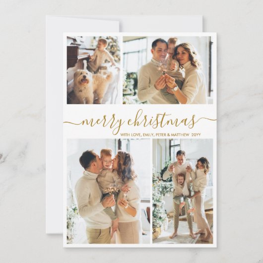 Elegant Gold Script 4 Photo Collage Christmas シーズンカード (正面)