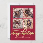 Elegant Gold Script 4 Photo Collage Red Christmas  シーズンカード (正面)