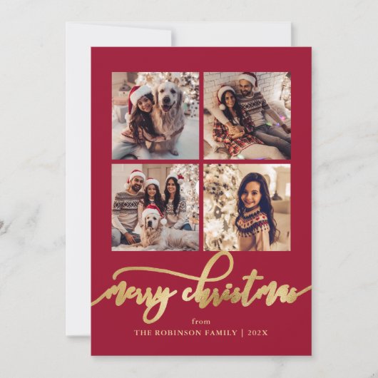 Elegant Gold Script 4 Photo Collage Red Christmas シーズンカード (正面)