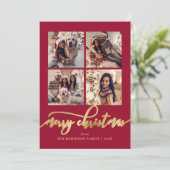 Elegant Gold Script 4 Photo Collage Red Christmas  シーズンカード (スタンド正面)
