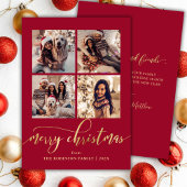 Elegant Gold Script 4 Photo Collage Red Christmas シーズンカード