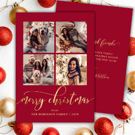 Elegant Gold Script 4 Photo Collage Red Christmas  シーズンカード