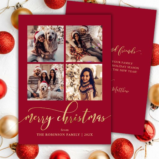 Elegant Gold Script 4 Photo Collage Red Christmas  シーズンカード