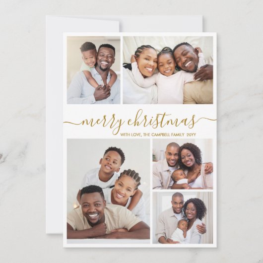Elegant Gold Script 5 Photo Collage Christmas シーズンカード (正面)