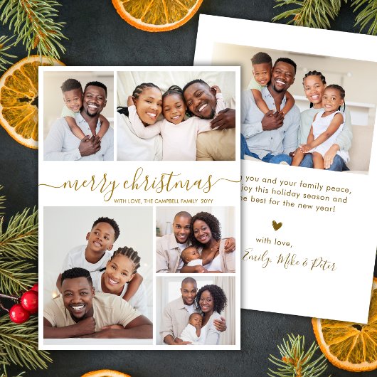 Elegant Gold Script 5 Photo Collage Christmas シーズンカード