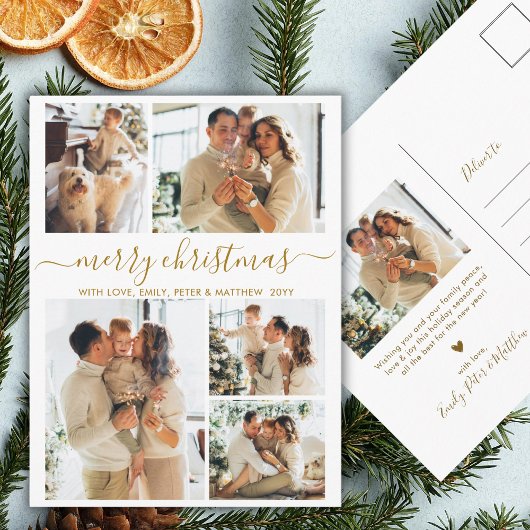 Elegant Gold Script 6 Photo Collage Christmas ポストカード
