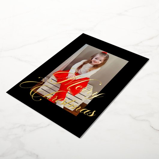 Elegant Gold Script Black Frame Photo 箔シーズンカード (回転した状態)