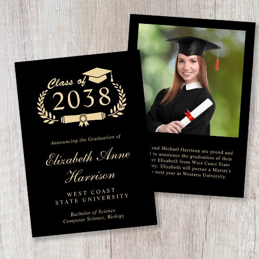 Elegant Gold Script Black Photo College Graduation 案内状