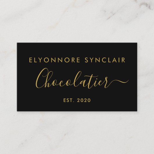 Elegant Gold Script Chocolatier Branding Black 名刺 (正面)