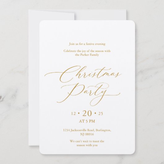 Elegant Gold Script Christmas Party Invitation 招待状 (正面)
