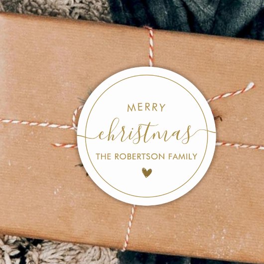 Elegant Gold Script Family Name Merry Christmas  ラウンドシール