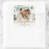 Elegant Gold Script Family Photo Merry Christmas スクエアシール (バッグ)